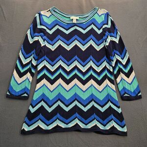 Susan Graver Women M Blue Chevron Pointelle Striped Pullover Sweater